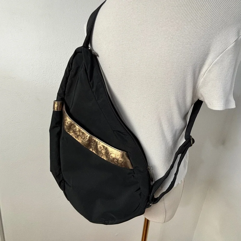 Vtg AmeriBag Healthy Back Bag Black Nylon Sling Backpack Metallic Gold Trim